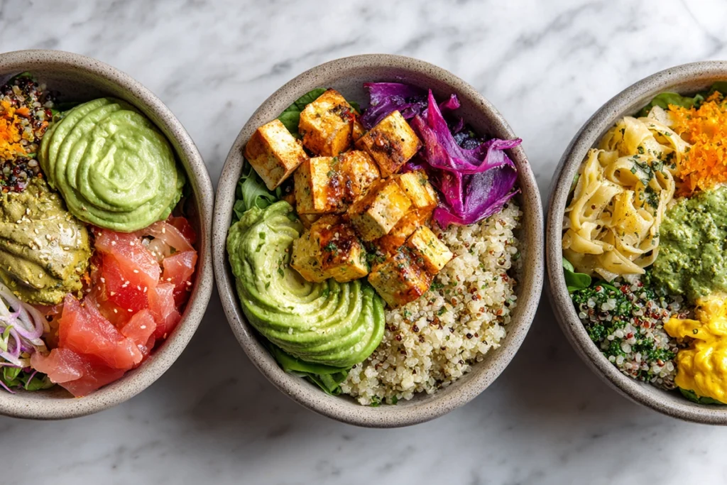 Three variations of Street Corn Chicken Rice Bowl — vegan with tofu, gluten-free with quinoa, and low-calorie with cauliflower rice — in a bright modern kitchen.