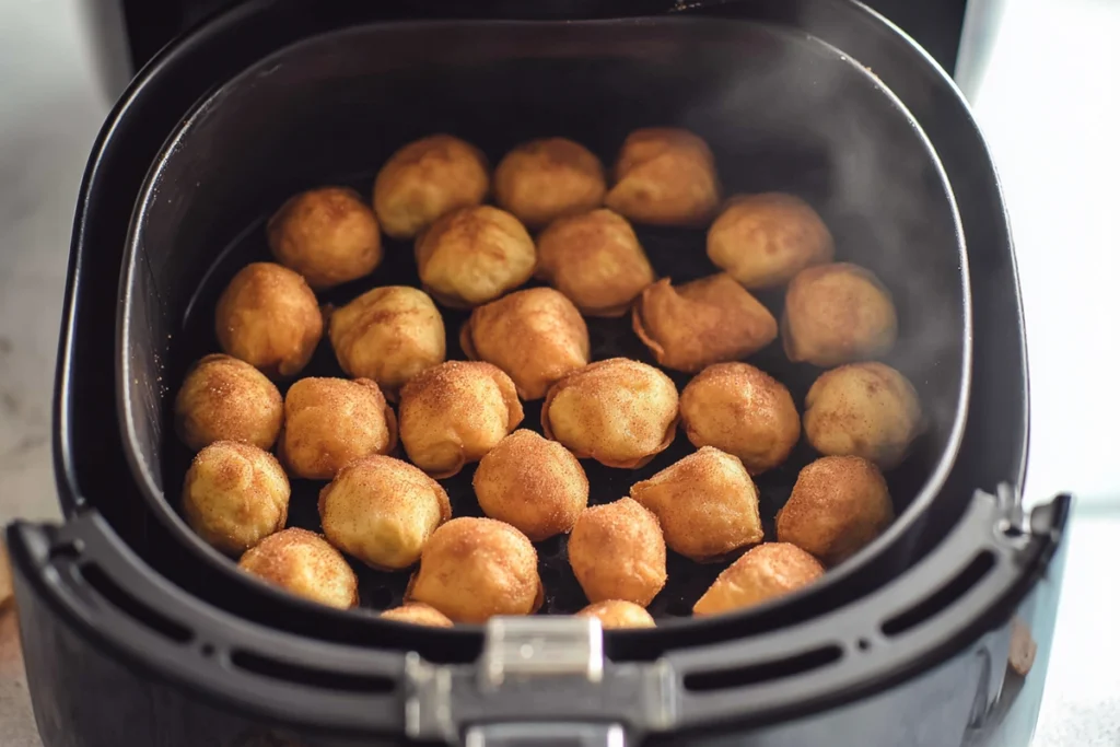 Sweet Air Fryer Churro Bites cooking inside the air fryer basket to golden crispness