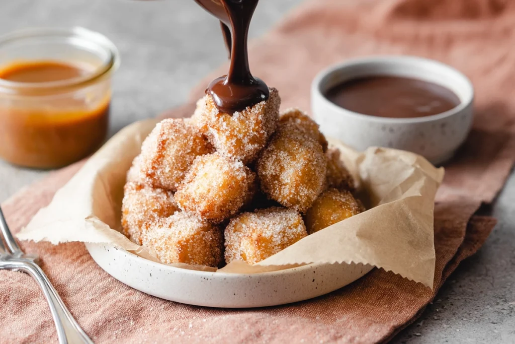Sweet Air Fryer Churro Bites plated with dipping sauces on a modern kitchen counter