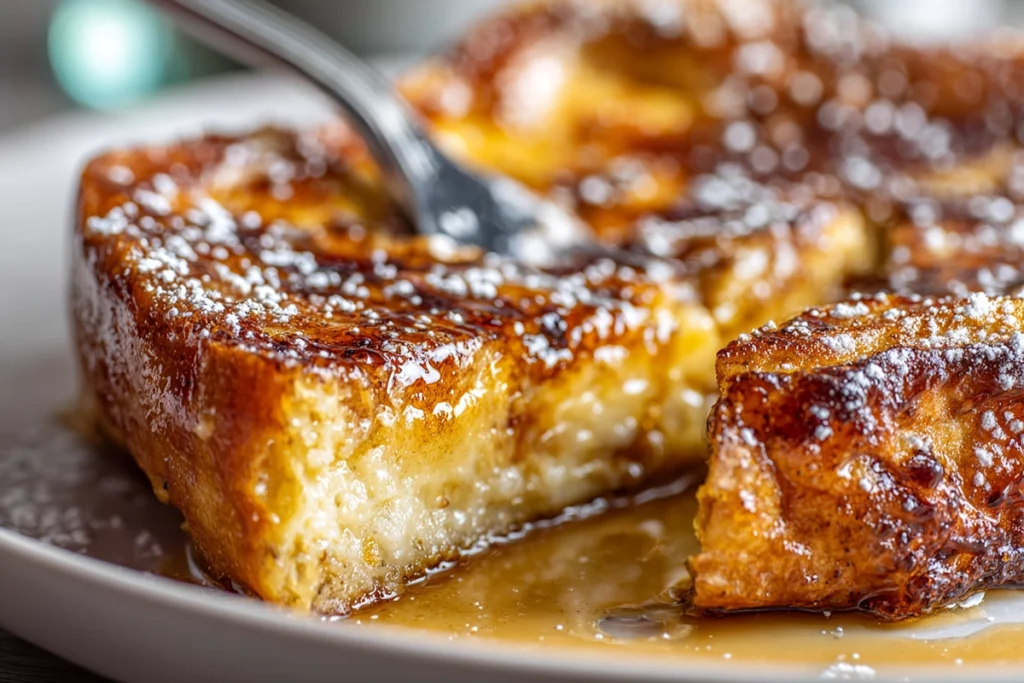 close-up of caramelized crust and creamy interior of overnight crème brûlée French toast being served