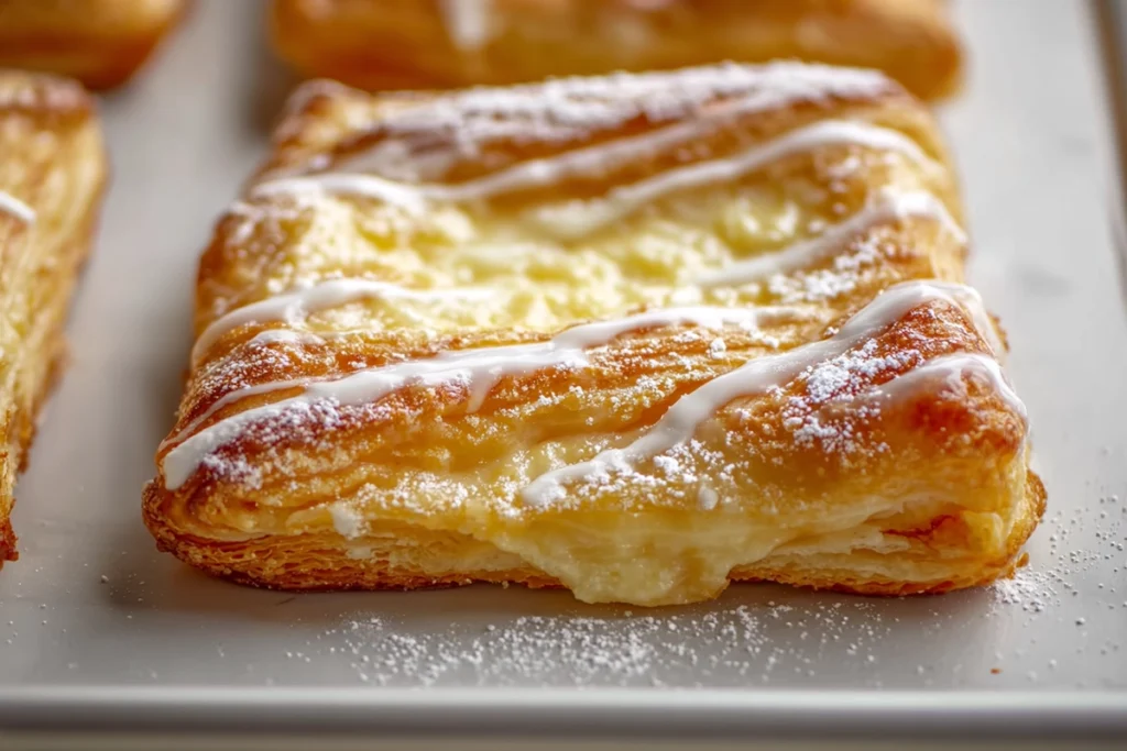 close-up of flaky golden layers and creamy filling of ultimate cheese danish
