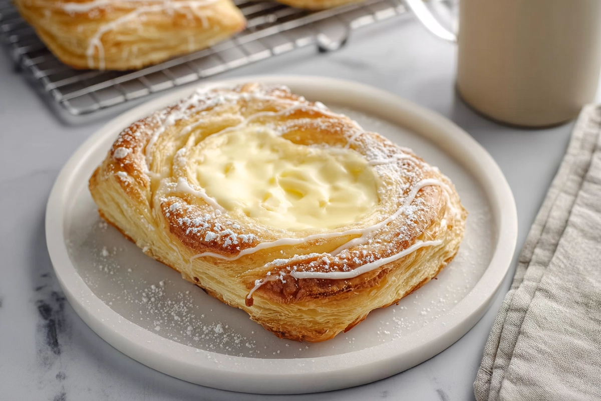 freshly baked ultimate cheese danish on a plate with creamy filling and golden flaky pastry
