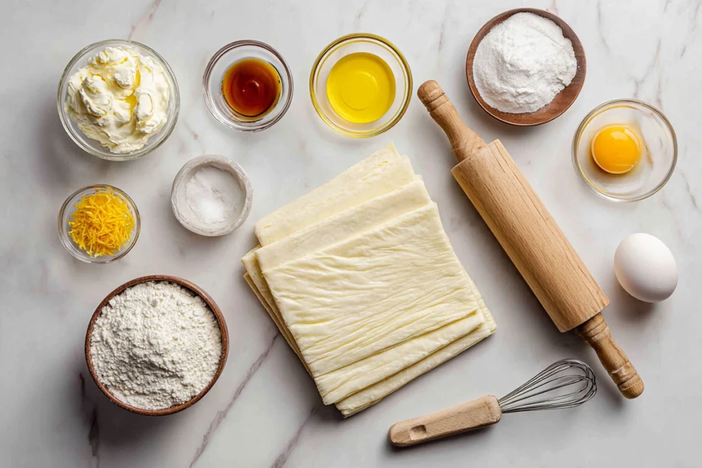 overhead view of ingredients for ultimate cheese danish including puff pastry, cream cheese, sugar, and eggs