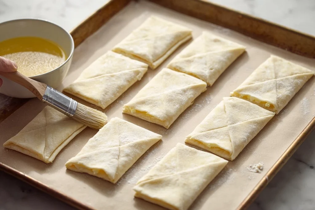 puff pastry squares being filled with cream cheese for ultimate cheese danish