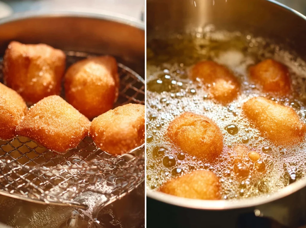 vanilla french beignets frying in hot oil with golden brown color