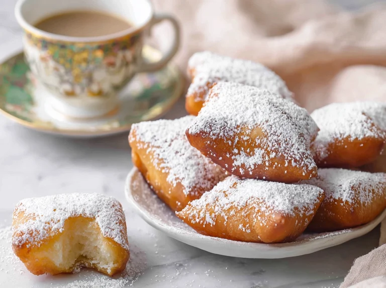 vanilla french beignets on plate with powdered sugar in modern kitchen