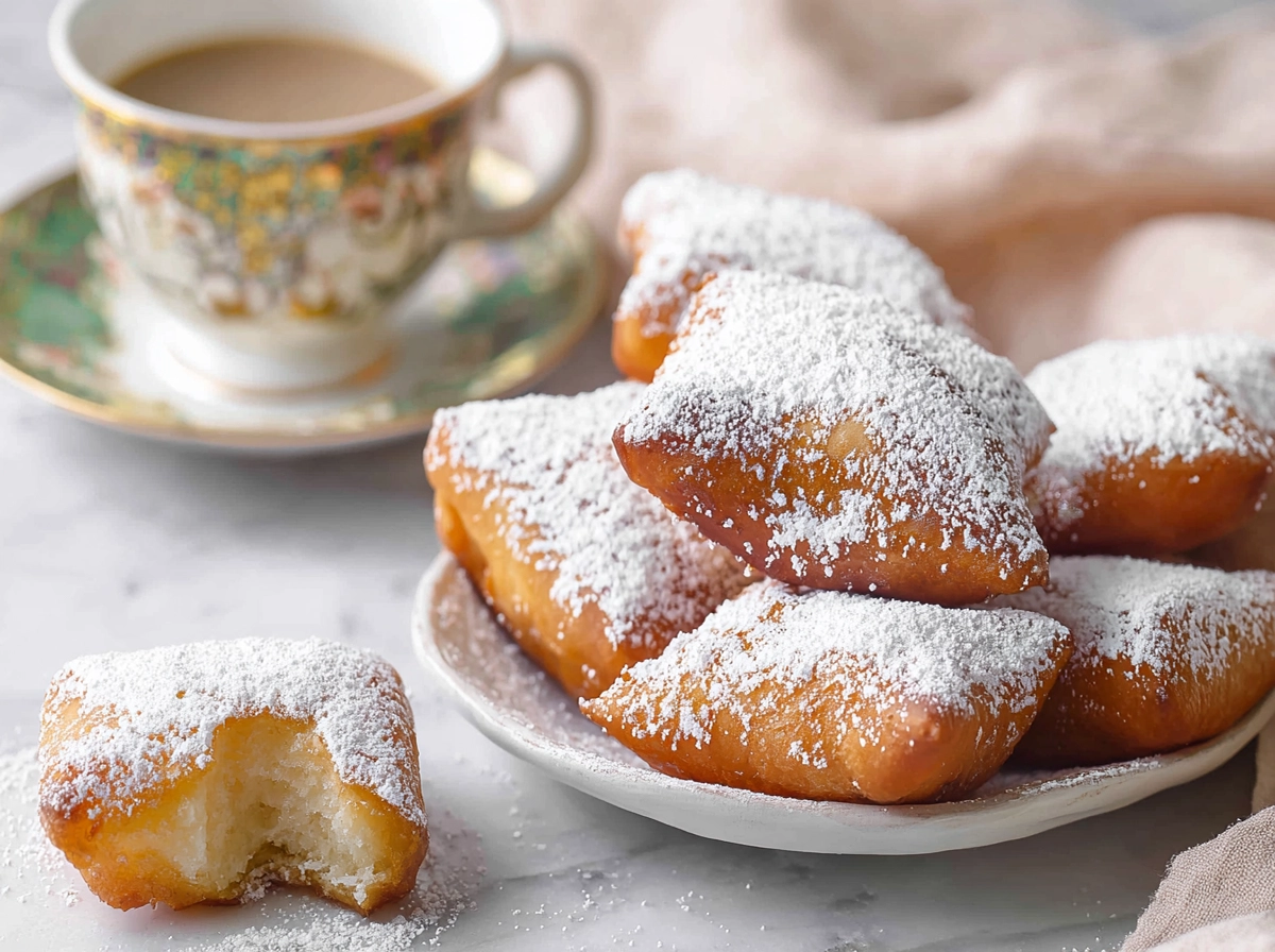 vanilla french beignets on plate with powdered sugar in modern kitchen