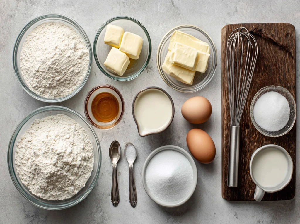 overhead view of vanilla french beignets ingredients arranged in glass bowls