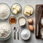 overhead view of vanilla french beignets ingredients arranged in glass bowls