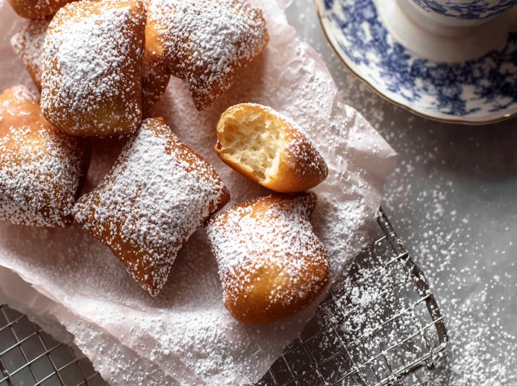 overhead shot of vanilla french beignets being dusted with powdered sugar