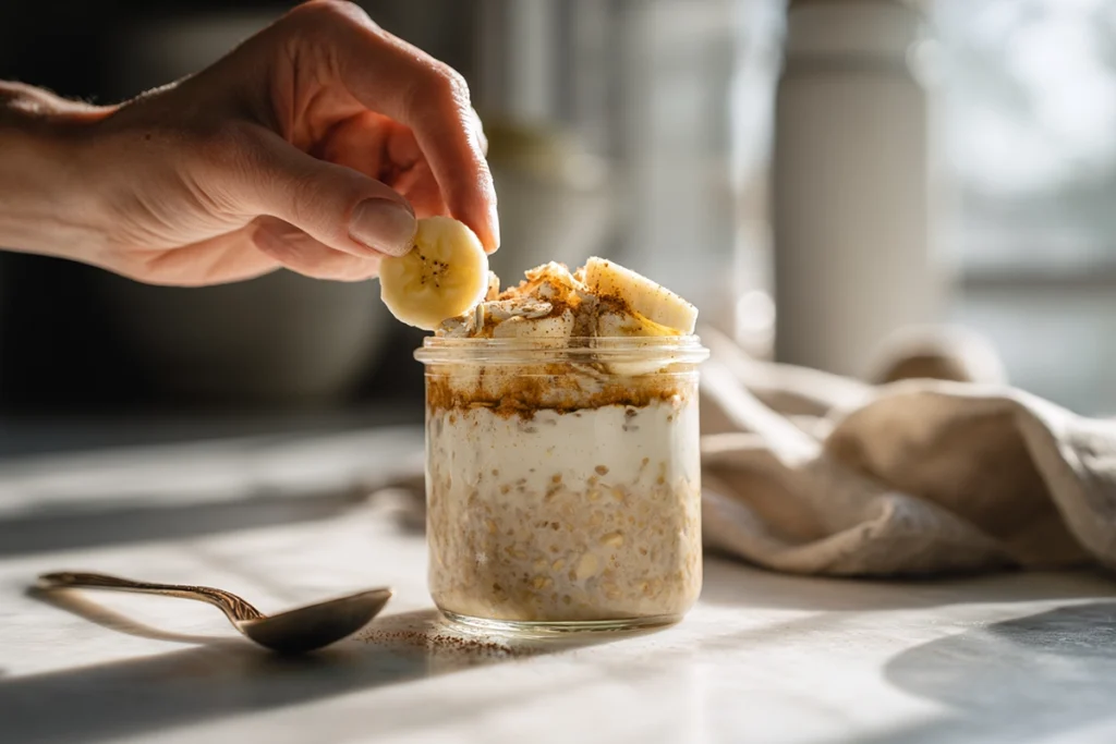 Hand garnishing a bowl of vegan cinnamon overnight oats with banana slices and cinnamon in natural daylight.