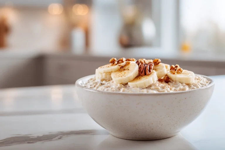 Creamy vegan cinnamon overnight oats topped with bananas, pecans, and maple syrup in a modern kitchen setting