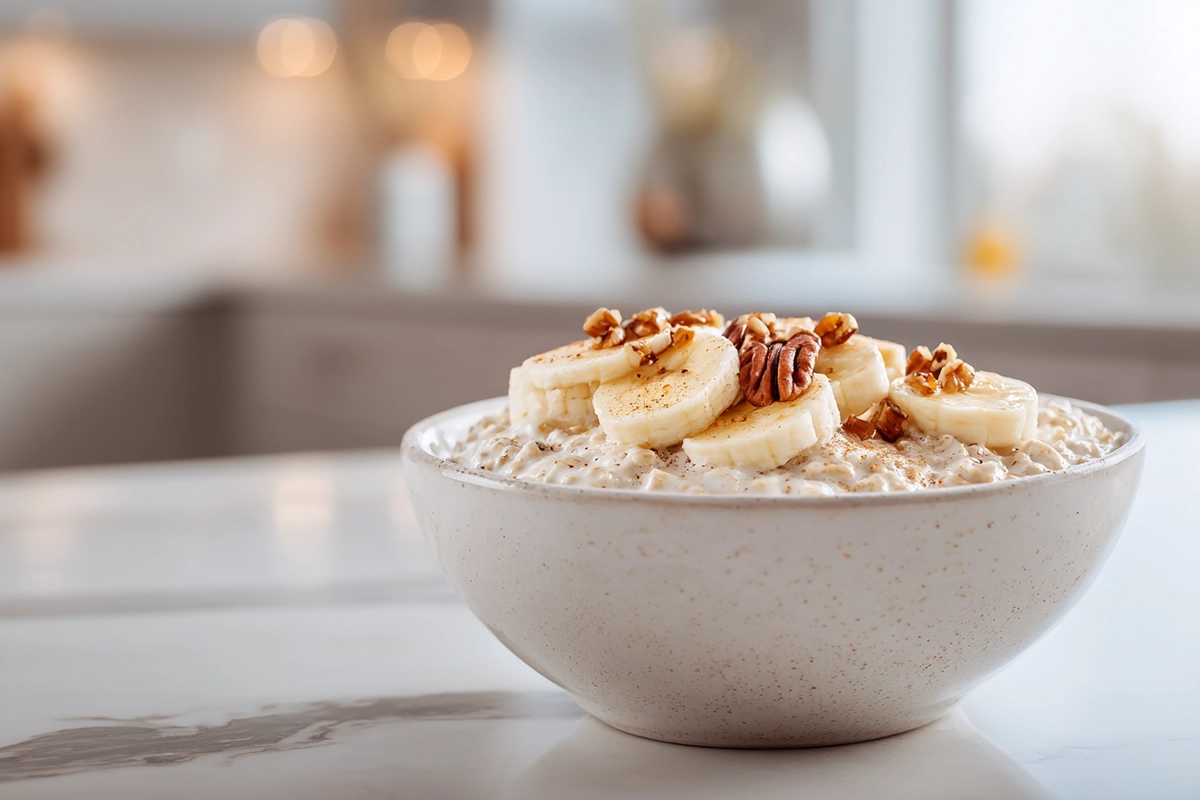Creamy vegan cinnamon overnight oats topped with bananas, pecans, and maple syrup in a modern kitchen setting