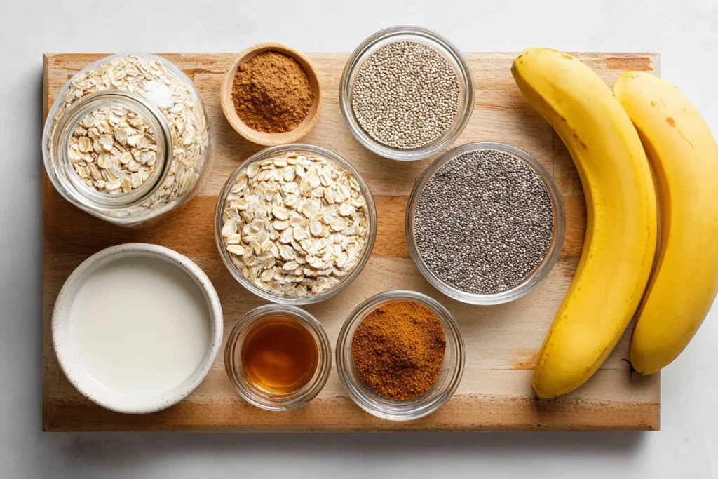 Flat lay of vegan cinnamon overnight oats ingredients including oats, chia seeds, cinnamon, almond milk, and maple syrup.