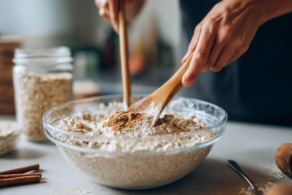 Mixing vegan cinnamon overnight oats in a glass bowl with almond milk and chia seeds in a bright modern kitchen.