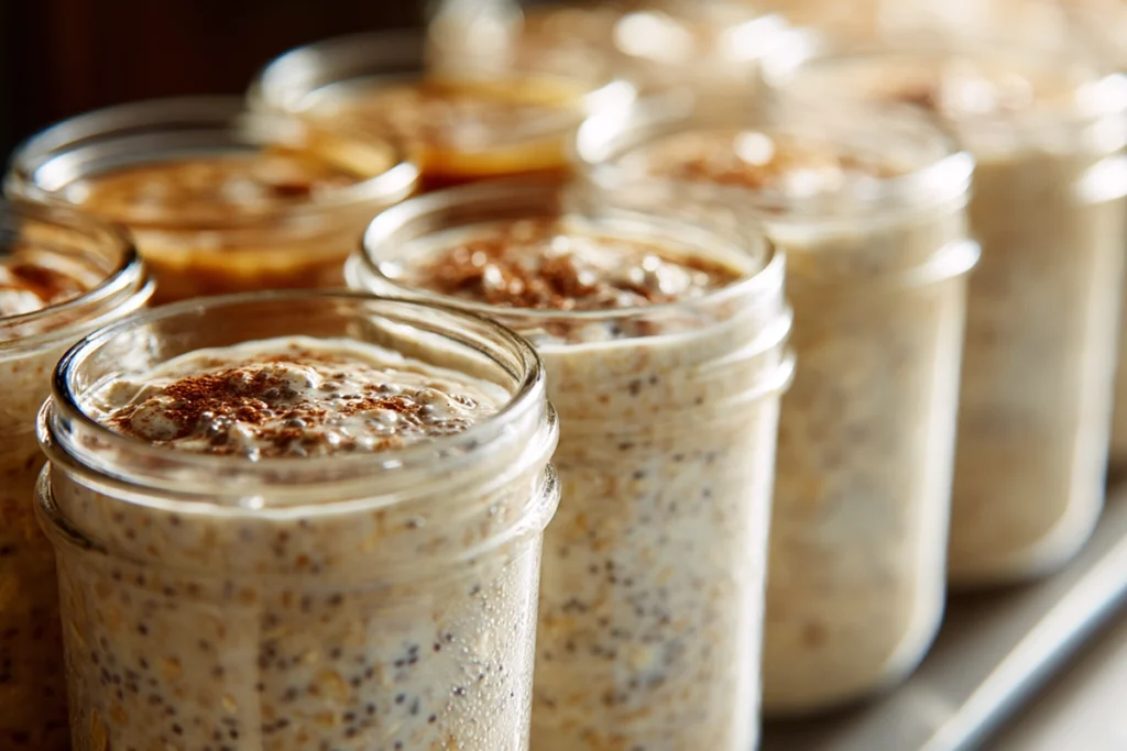 Glass jars of vegan cinnamon overnight oats chilling overnight in a refrigerator with visible creamy texture.
