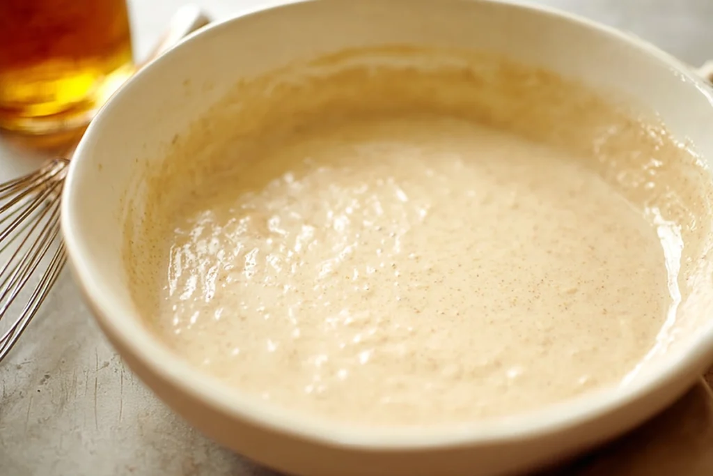 Fluffy Vegan Cinnamon Roll Pancakes – The Best Brunch Treat You’ll Ever Make 8 close-up of vegan cinnamon roll pancake batter in bowl on modern kitchen counter