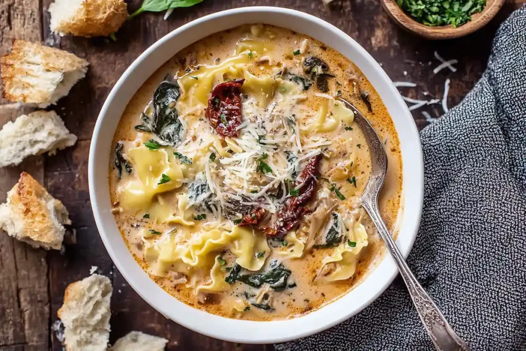 White Lasagna Soup cooking in a large pot with noodles, chicken, mushrooms, and spinach