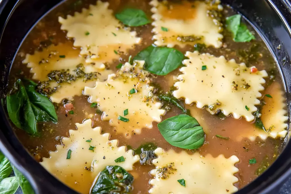 Creamy White Lasagna Soup with chicken, spinach, noodles, and prosciutto in a rustic bowl