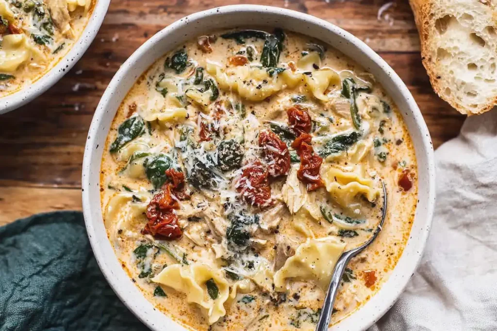 White Lasagna Soup topped with crispy prosciutto and melted cheese in a rustic serving bowl