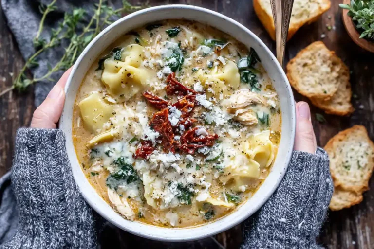 Chef Taha Ayad's Recipe White Lasagna Soup in a shallow bowl with spinach, mushrooms, noodles, and crispy prosciutto