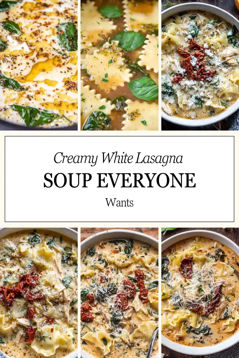 Pinterest pin image for white lasagna soup recipe with creamy broth, chicken, spinach, noodles, and crispy prosciutto