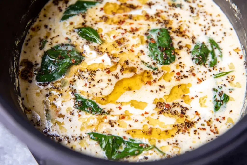White Lasagna Soup simmering with mushrooms, spinach, chicken, and herbs in a creamy broth