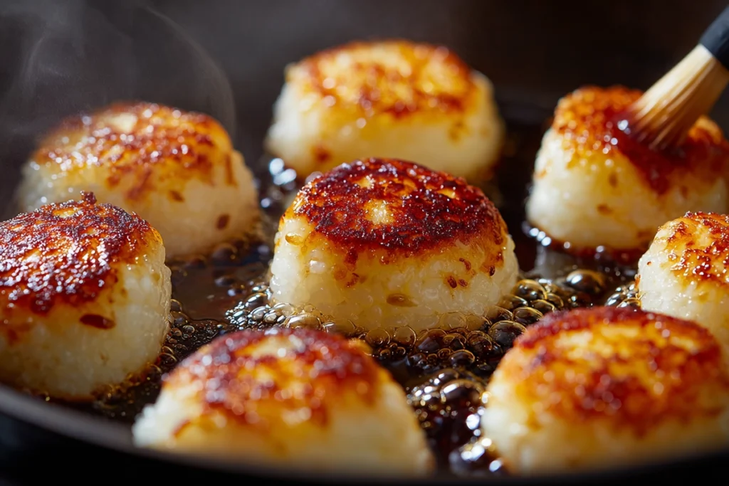 close-up of Yaki Onigiri rice balls grilling in a cast-iron pan with soy glaze being brushed on top