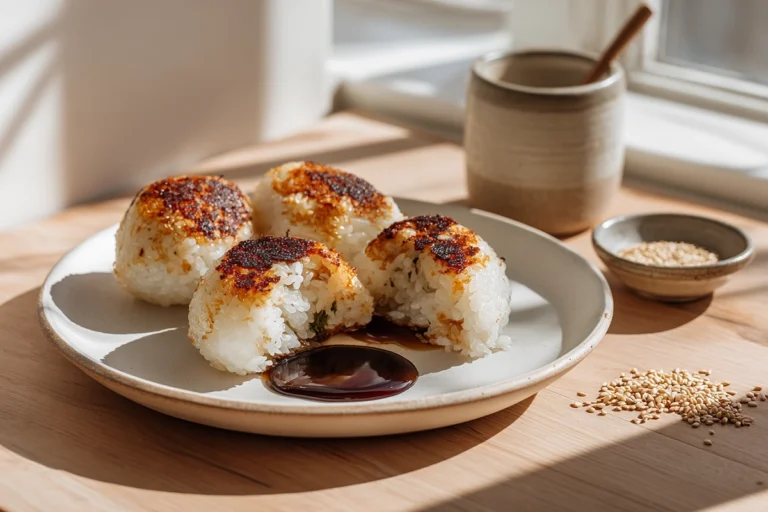 photorealistic close-up of Yaki Onigiri grilled rice balls on a plate in a modern kitchen, showing crispy golden crust and steam