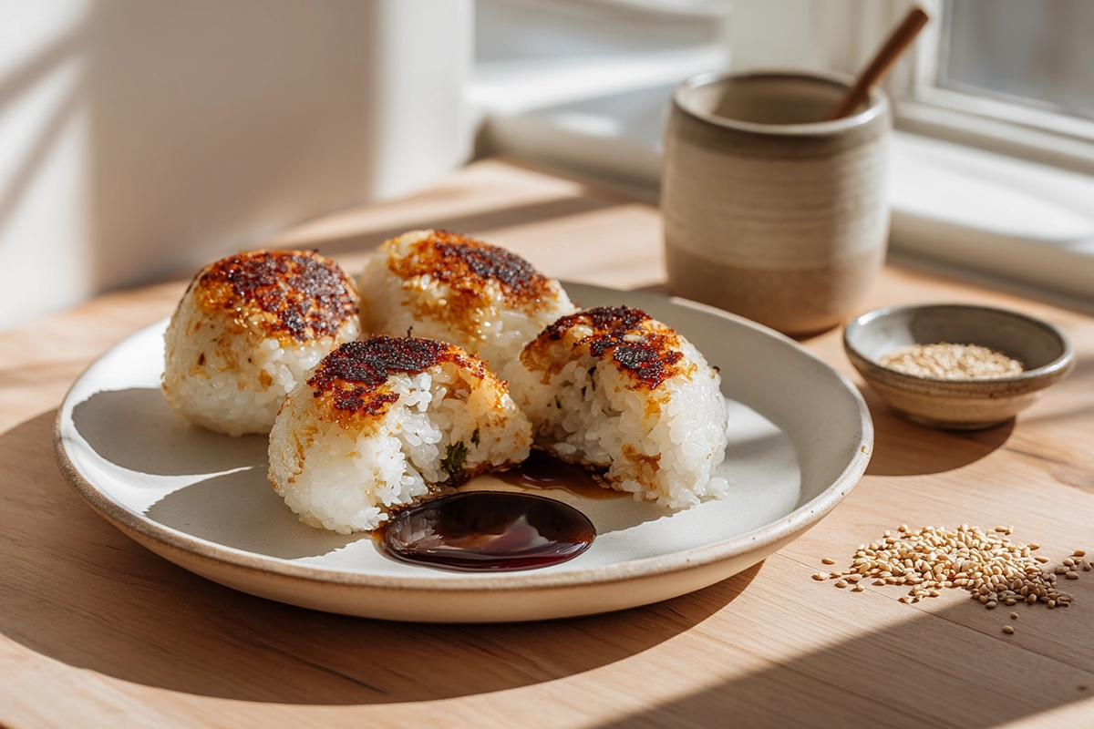 photorealistic close-up of Yaki Onigiri grilled rice balls on a plate in a modern kitchen, showing crispy golden crust and steam