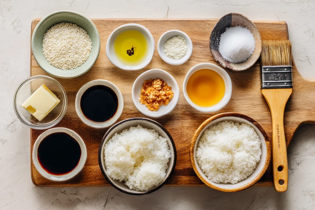 overhead view of Yaki Onigiri ingredients including short-grain rice, soy sauce, miso paste, and fillings arranged in glass bowls