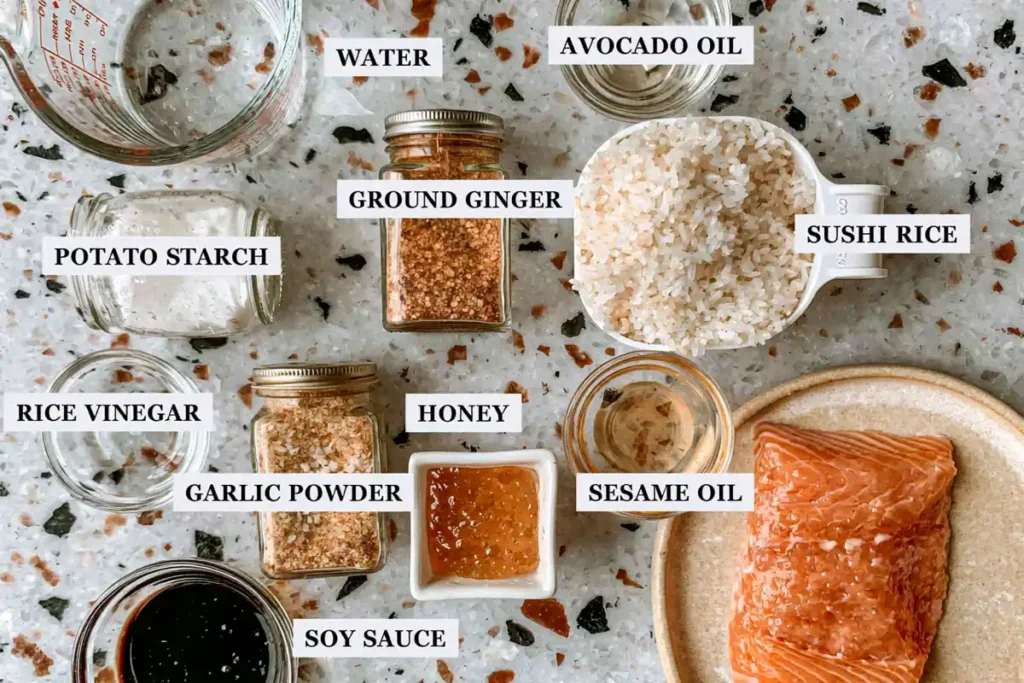 Yaki Onigiri ingredients with short-grain rice, salmon, soy sauce, honey, and seasonings