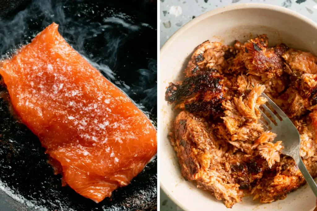 Salmon fillet cooking skin-side down in a skillet for Yaki Onigiri filling