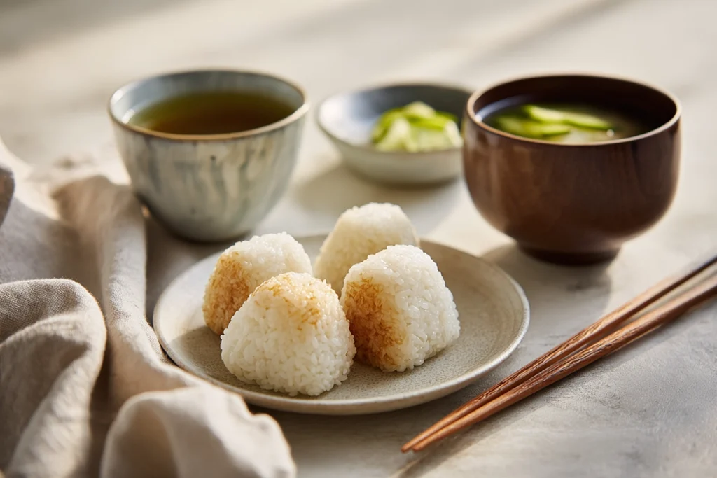 Yaki Onigiri served with miso soup and green tea on a light wooden table in a modern minimalist setting