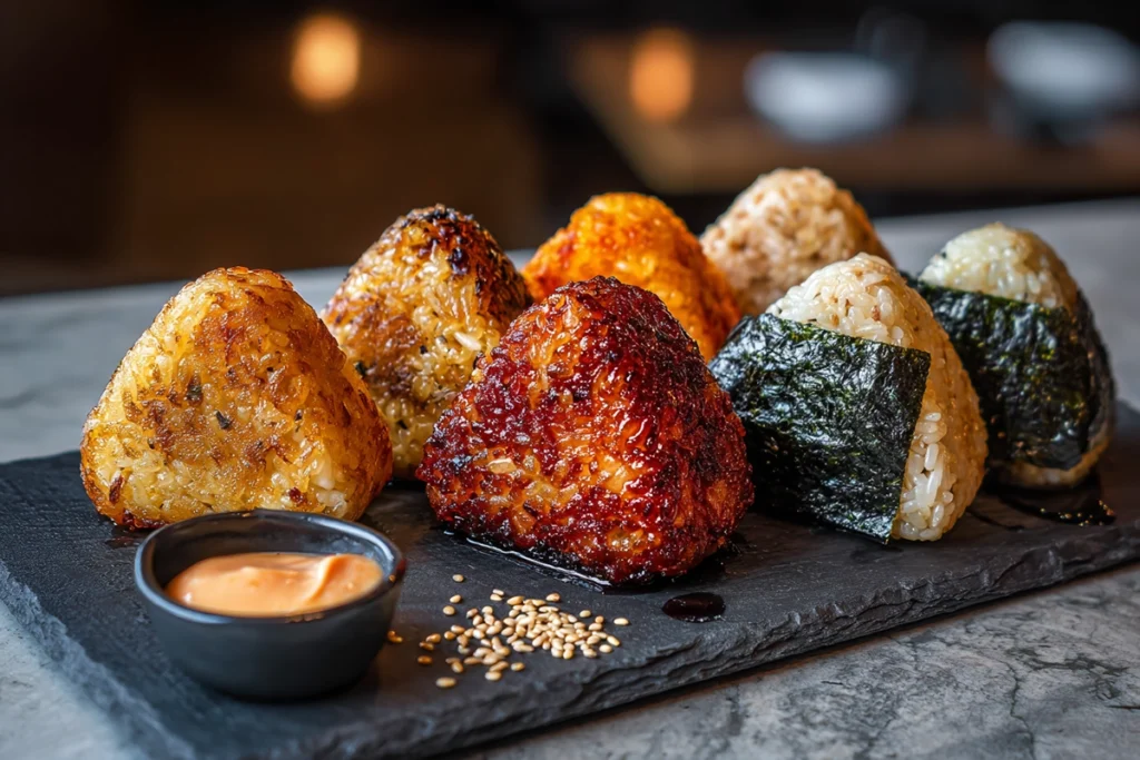 assortment of Yaki Onigiri variations including miso butter, spicy tuna, and seaweed-wrapped rice balls on a board