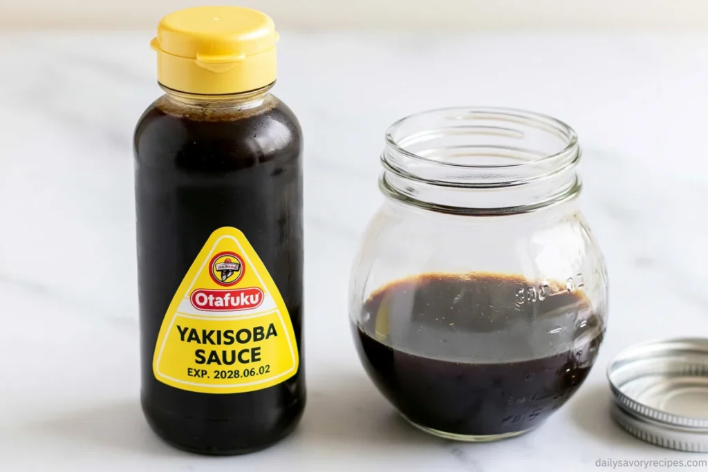 Homemade Yakisoba Sauce in a jar beside a Japanese-style sauce bottle