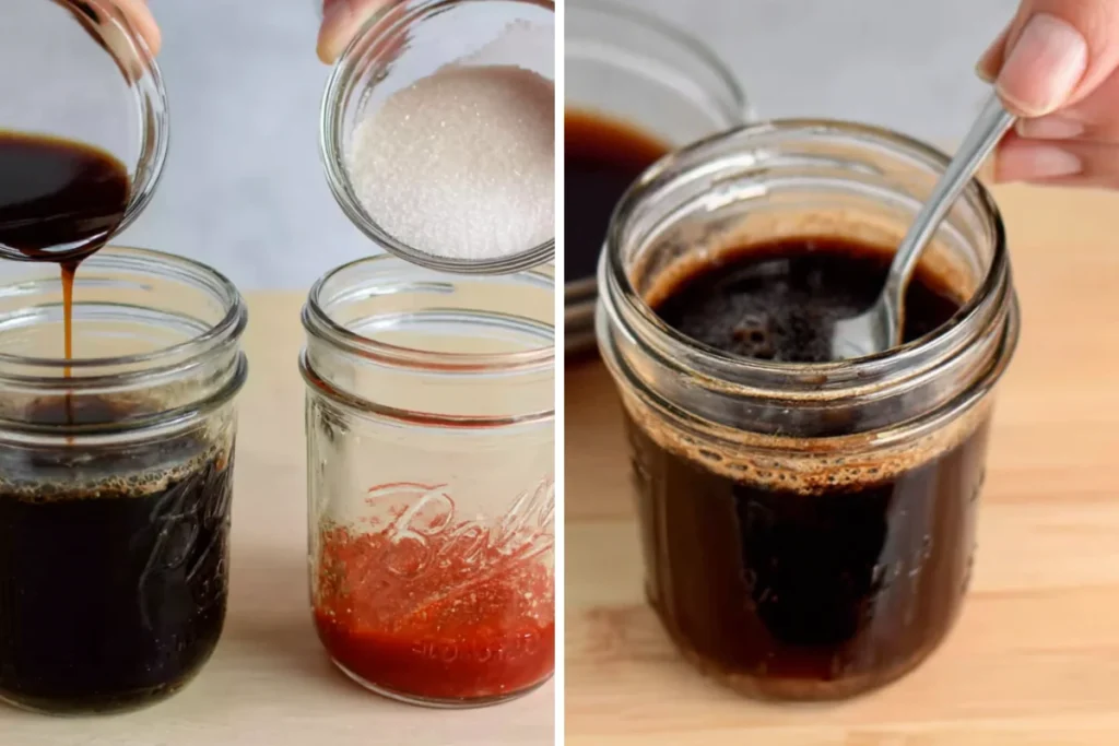 Yakisoba Sauce ingredients layered in a mason jar before whisking