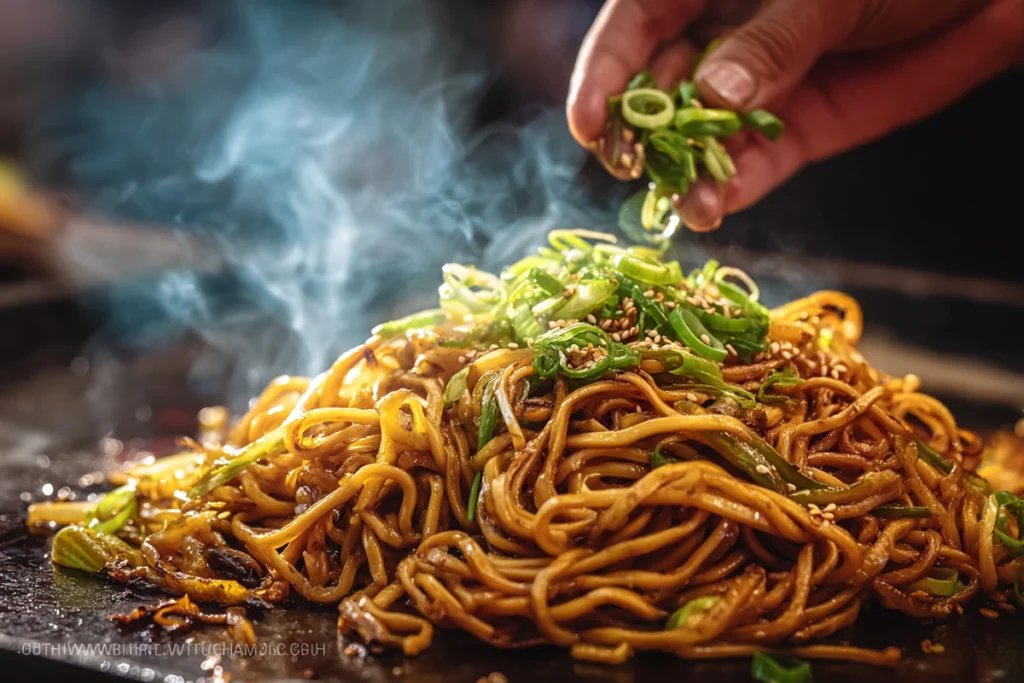 Macro photo of garnishing yakisoba noodles with sesame seeds and green onions, showcasing the glossy yakisoba sauce coating