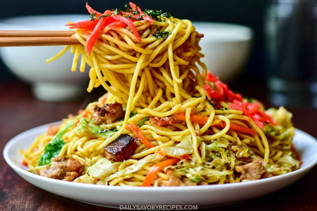 Yakisoba Sauce coating stir-fried noodles with cabbage and vegetables