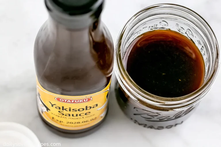 Chef Taha Ayad's Recipe Yakisoba Sauce in a mason jar with a Japanese-style sauce bottle