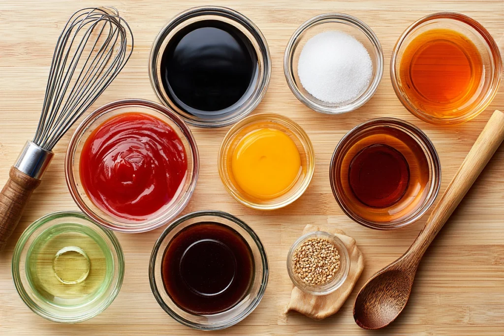 Overhead photo of yakisoba sauce ingredients including soy sauce, Worcestershire, oyster sauce, ketchup, sugar, and sesame oil arranged neatly in glass bowls