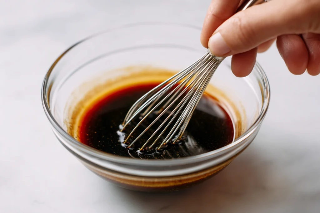 Close-up photo of whisking homemade yakisoba sauce in a glass bowl with natural light on a modern kitchen counter