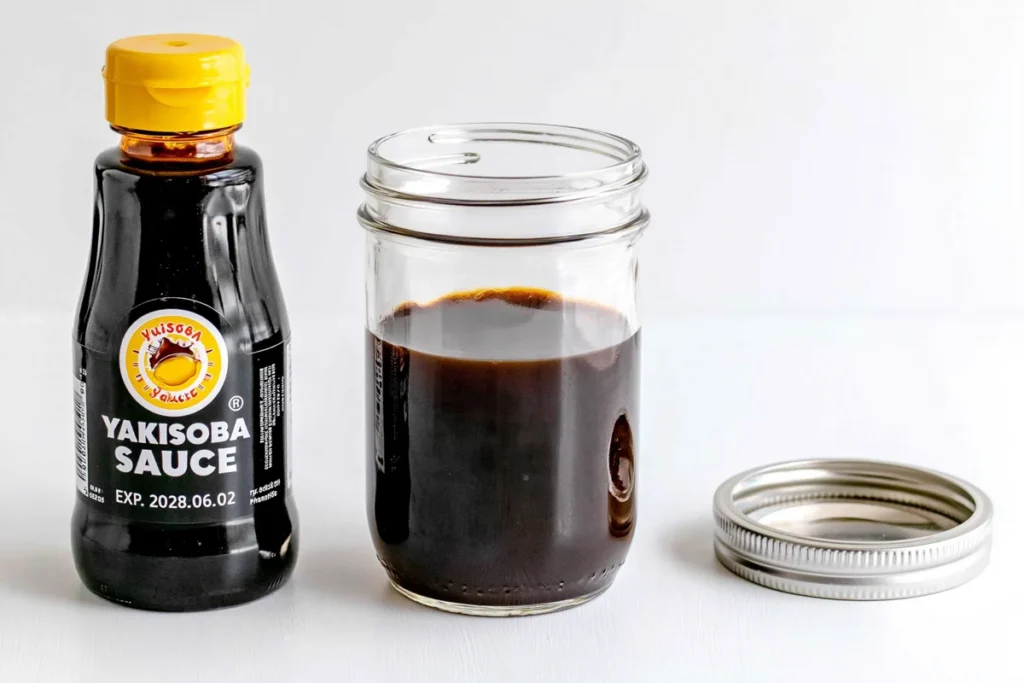 Homemade Yakisoba Sauce stored in a mason jar with lid nearby