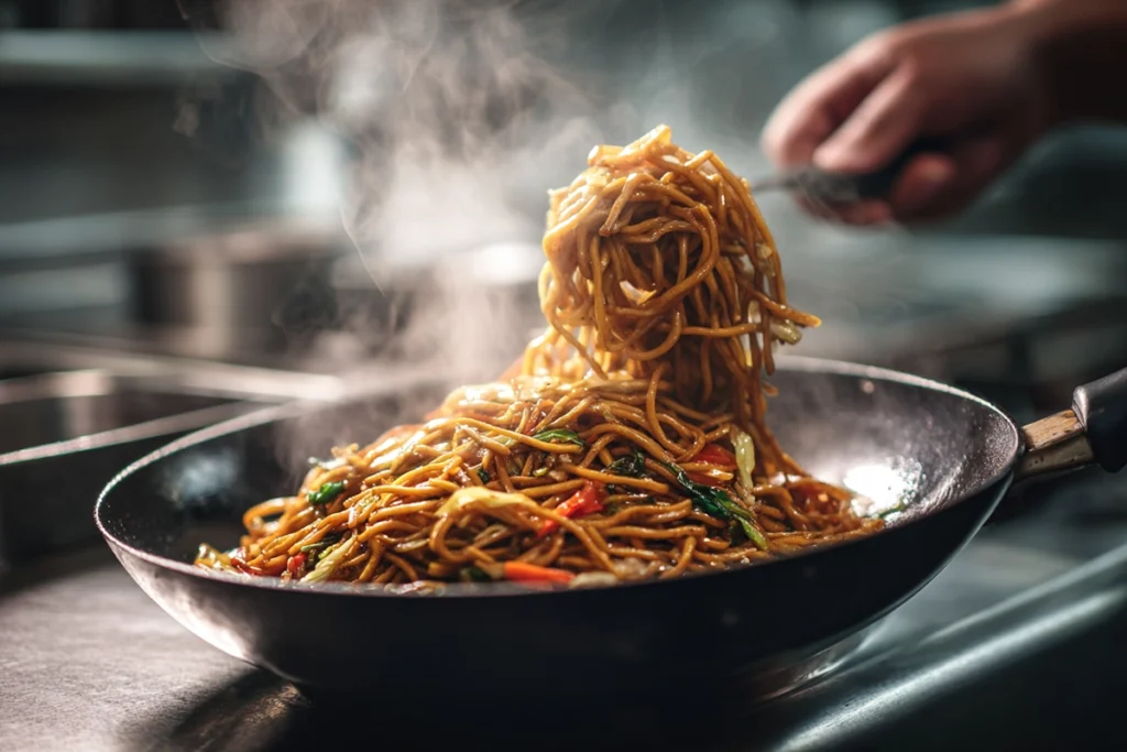 Photorealistic image of stir-fried noodles being tossed in yakisoba sauce with steam rising in a modern kitchen