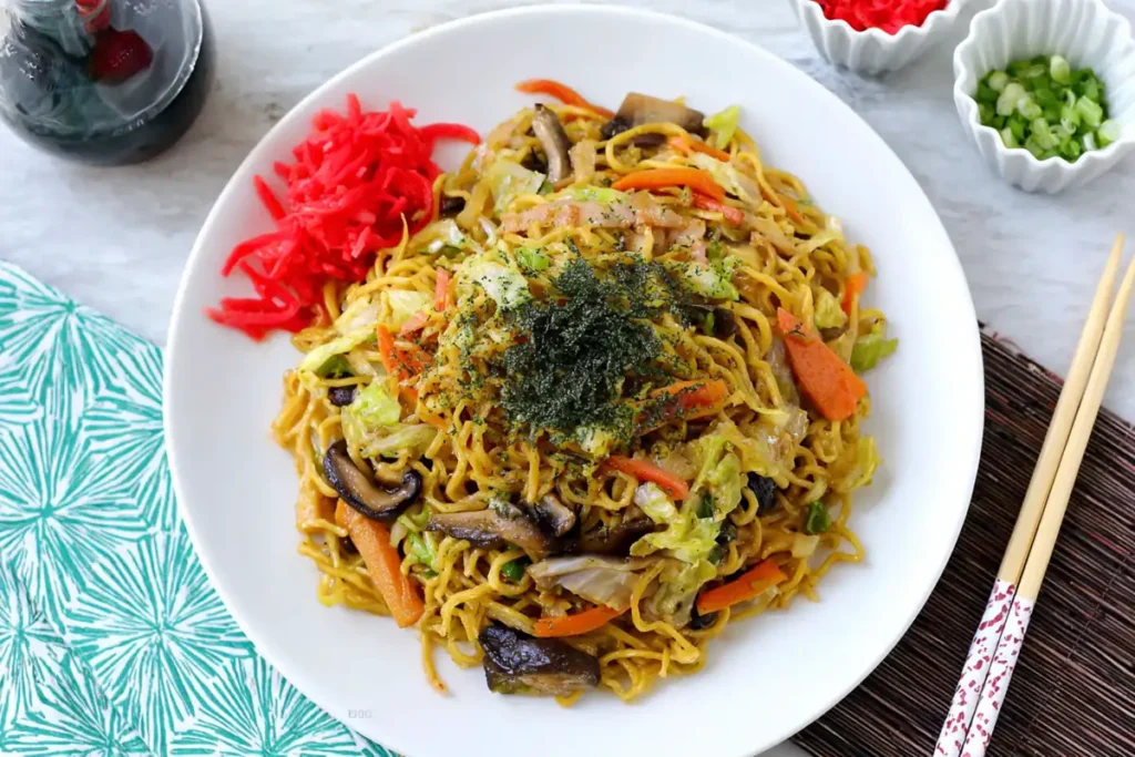 Vegetable yakisoba with tofu and mushrooms seasoned with Yakisoba Sauce