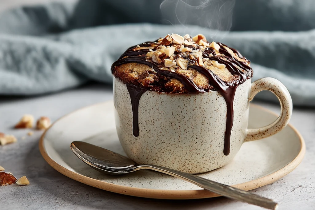 Finished 3-ingredient mug cake served with chocolate drizzle on modern plate