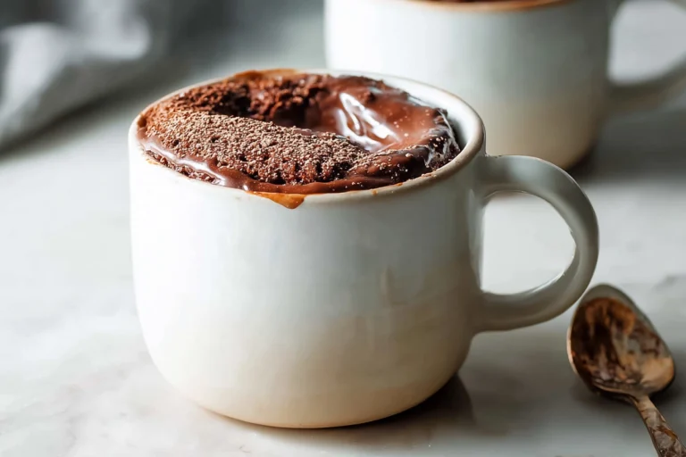 Photorealistic 3-ingredient mug cake on countertop in natural daylight