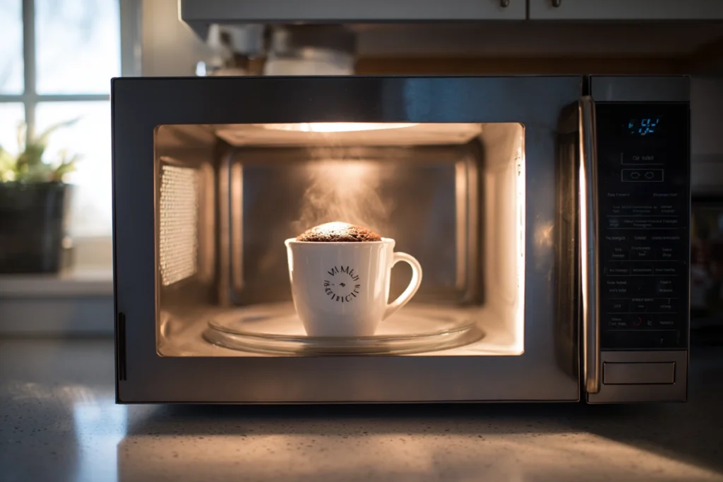 3-ingredient mug cake rising in microwave in modern kitchen