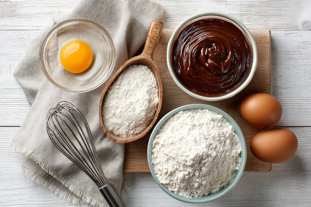 Overhead shot of 3-ingredient mug cake ingredients arranged on wooden board