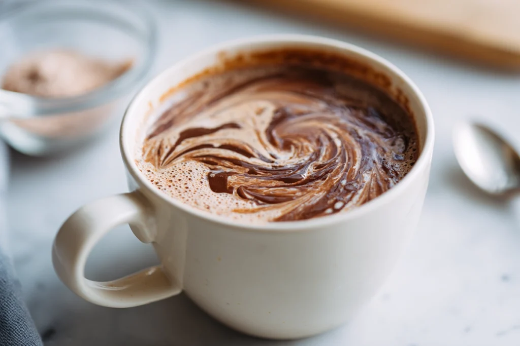 Mixing 3-ingredient mug cake batter in a white mug under natural daylight